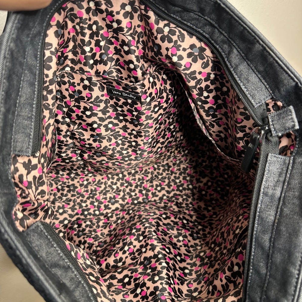 Vera Bradley Iconic Vera Tote Bag Quilted Denim Blue Cotton Floral Lining Large - Picture 8 of 12